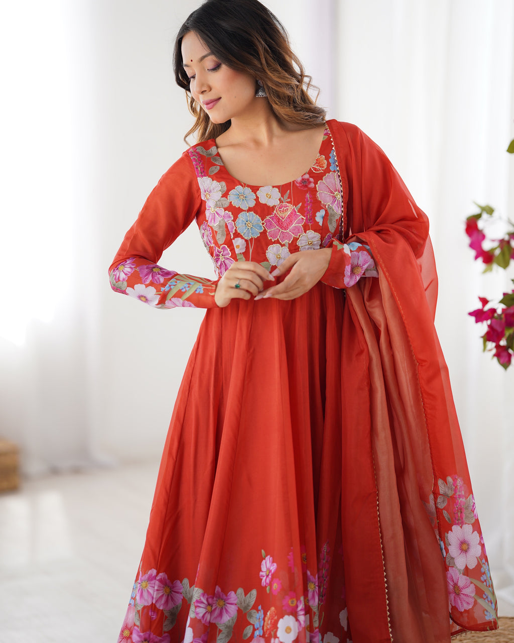 Women Floral Printed Organza Silk Flared Anarkali Kurta Set