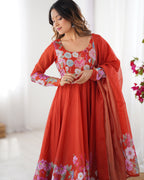 Women Floral Printed Organza Silk Flared Anarkali Kurta Set