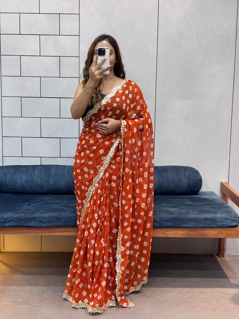 Elegant Leriya Print Georgette Saree with Embroidery Sequence Lace