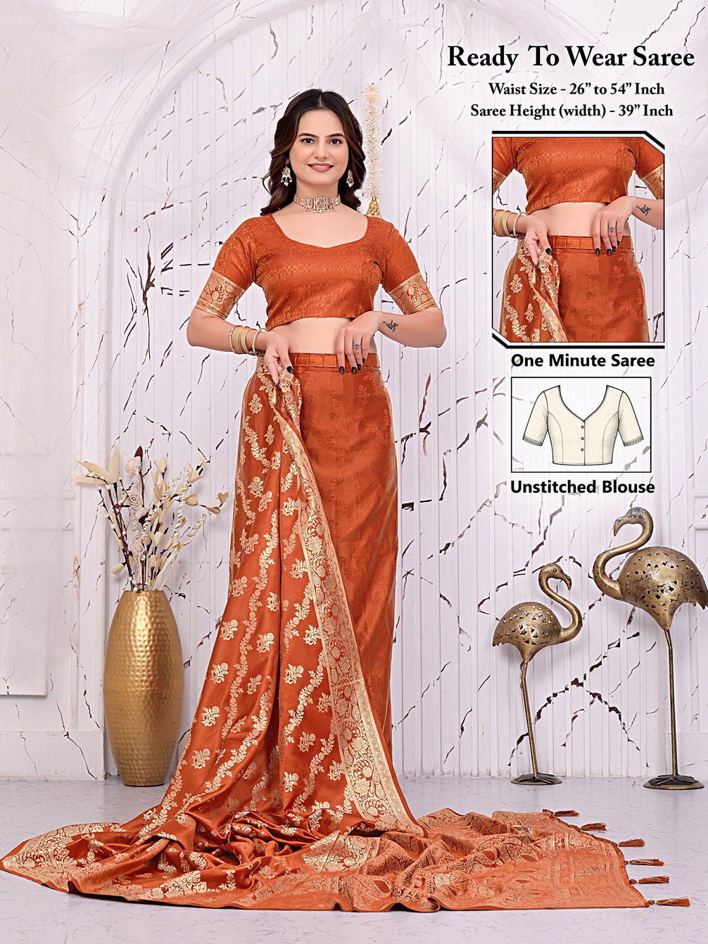 Satin Silk Banarasi Ready-to-Wear Saree with Woven Zari Motifs and Decorative Pallu.