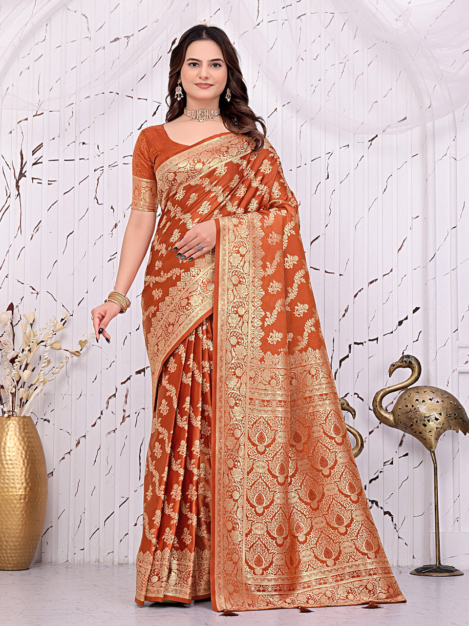 Satin Silk Banarasi Ready-to-Wear Saree with Woven Zari Motifs and Decorative Pallu.
