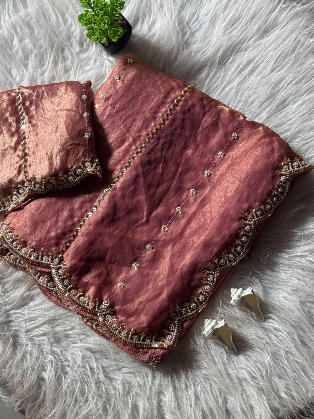 Hand-Embellished Silk Saree with Moti, Cutdana & Sequin Work