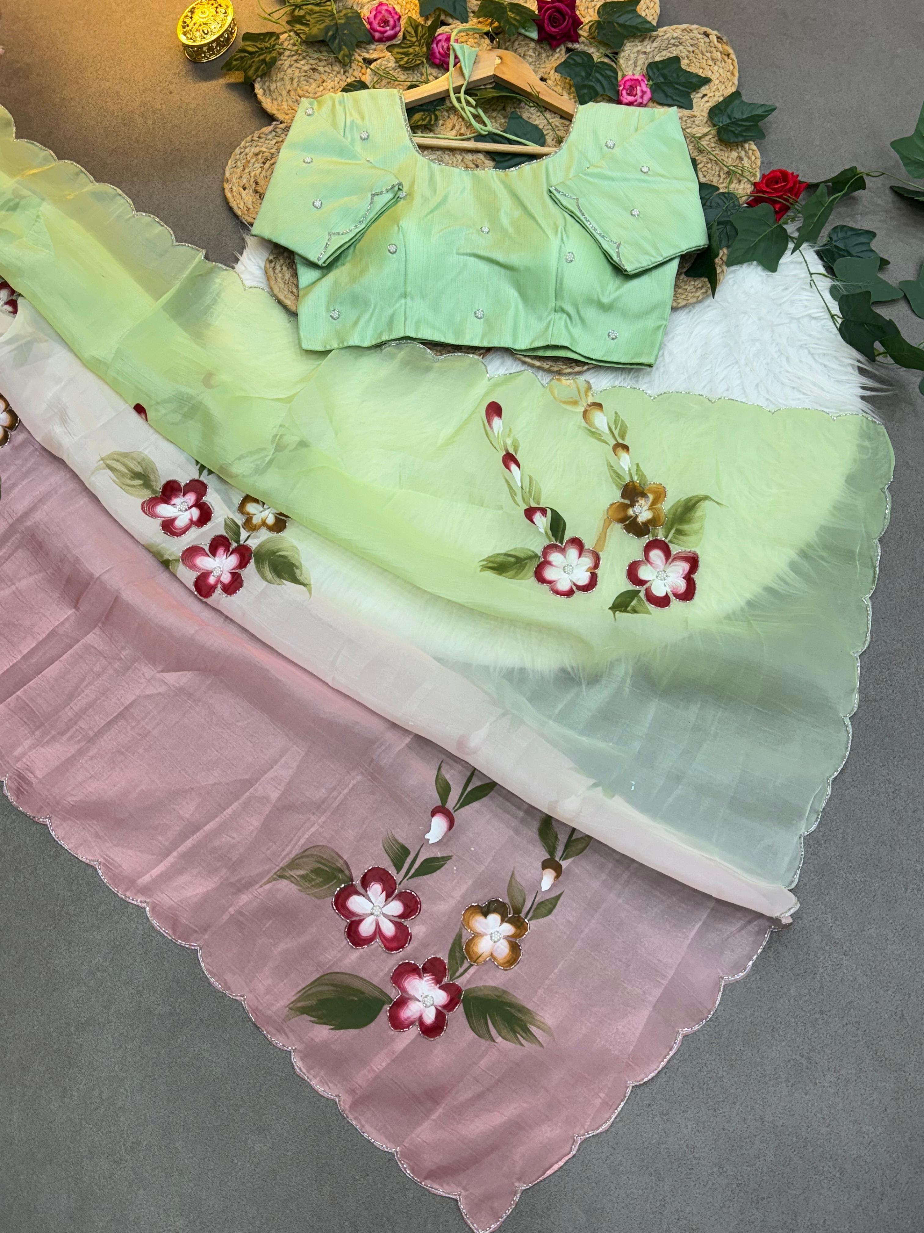 Exquisite Handpainted Crush Saree with Cut Dana Handwork & Designer Blouse