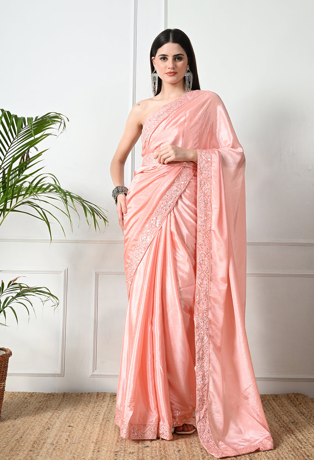 Chinon Solid Saree with Embroidered Lace Border