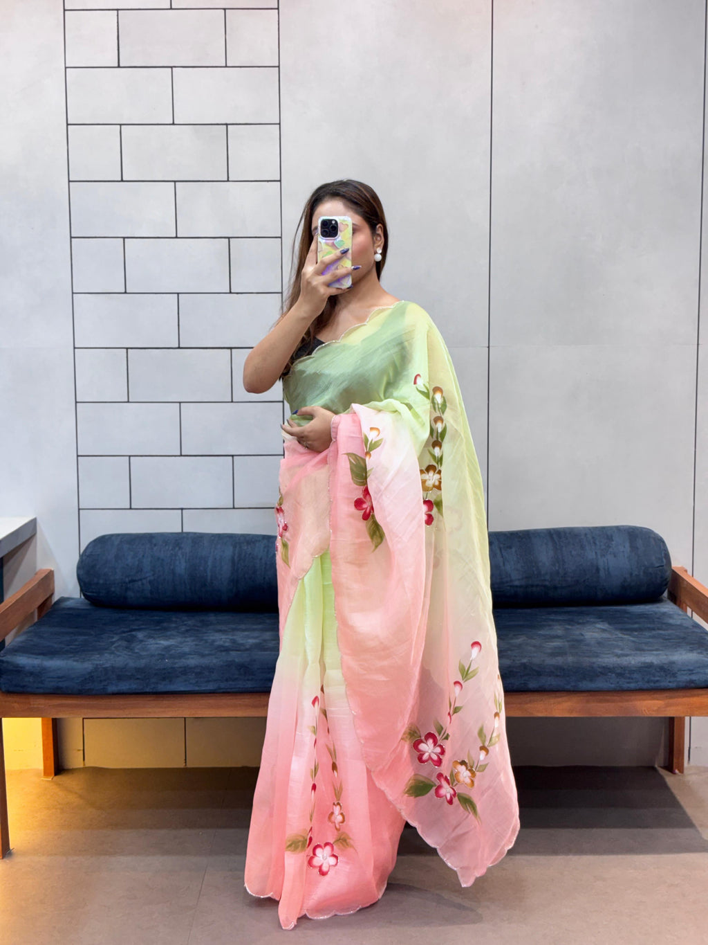 Exquisite Handpainted Crush Saree with Cut Dana Handwork & Designer Blouse