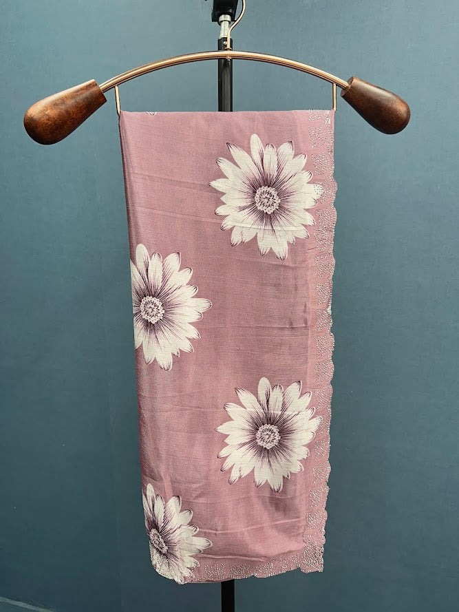 Elegant Printed Chinon Saree with Sparkling Siroksi Diamond Work Border