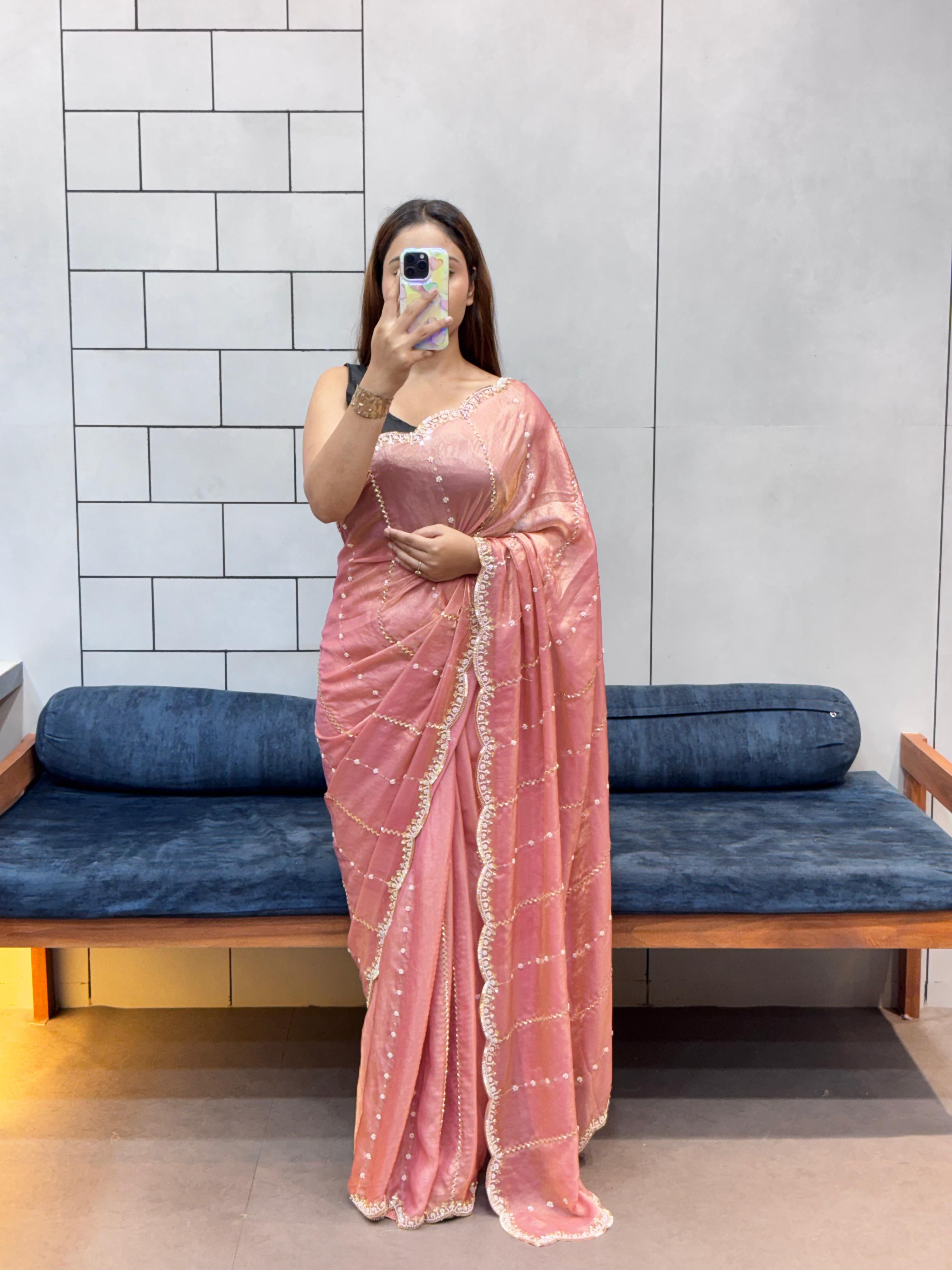Hand-Embellished Silk Saree with Moti, Cutdana & Sequin Work