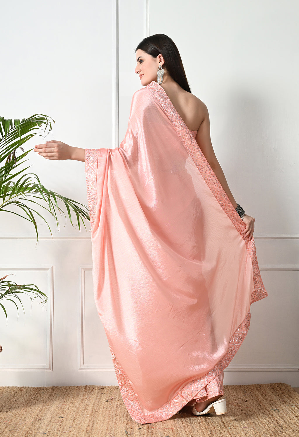 Chinon Solid Saree with Embroidered Lace Border