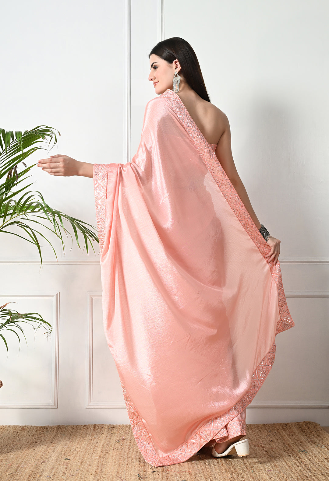 Chinon Solid Saree with Embroidered Lace Border