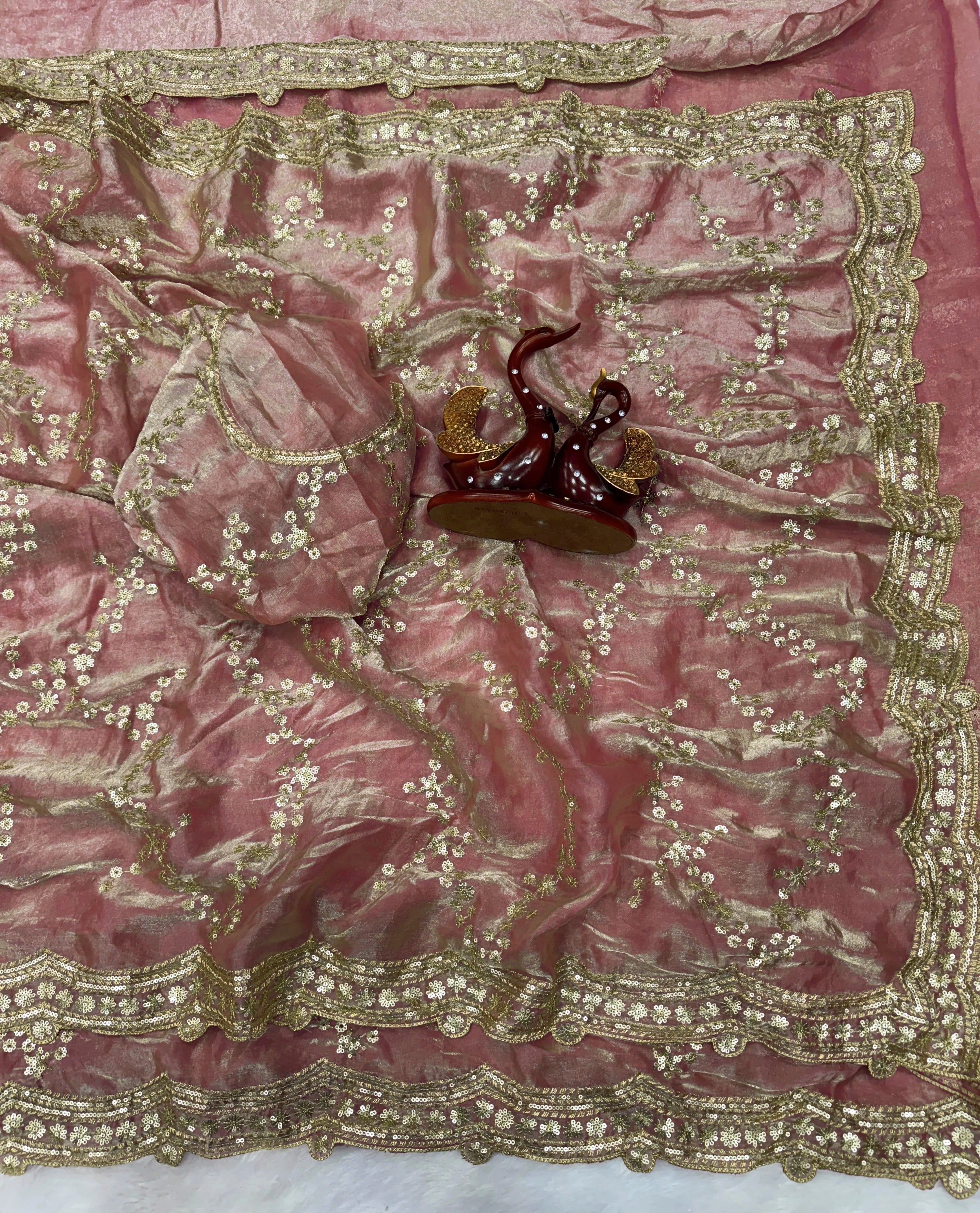 Premium Satin Silk & Chiffon Saree with All-Over Sequence Embroidery