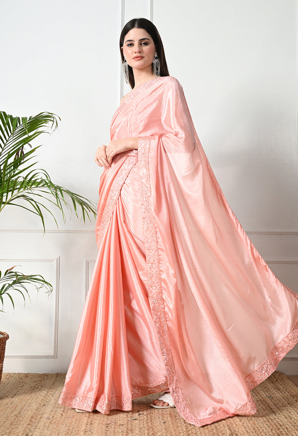 Chinon Solid Saree with Embroidered Lace Border