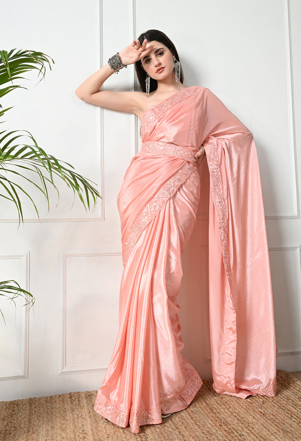 Chinon Solid Saree with Embroidered Lace Border