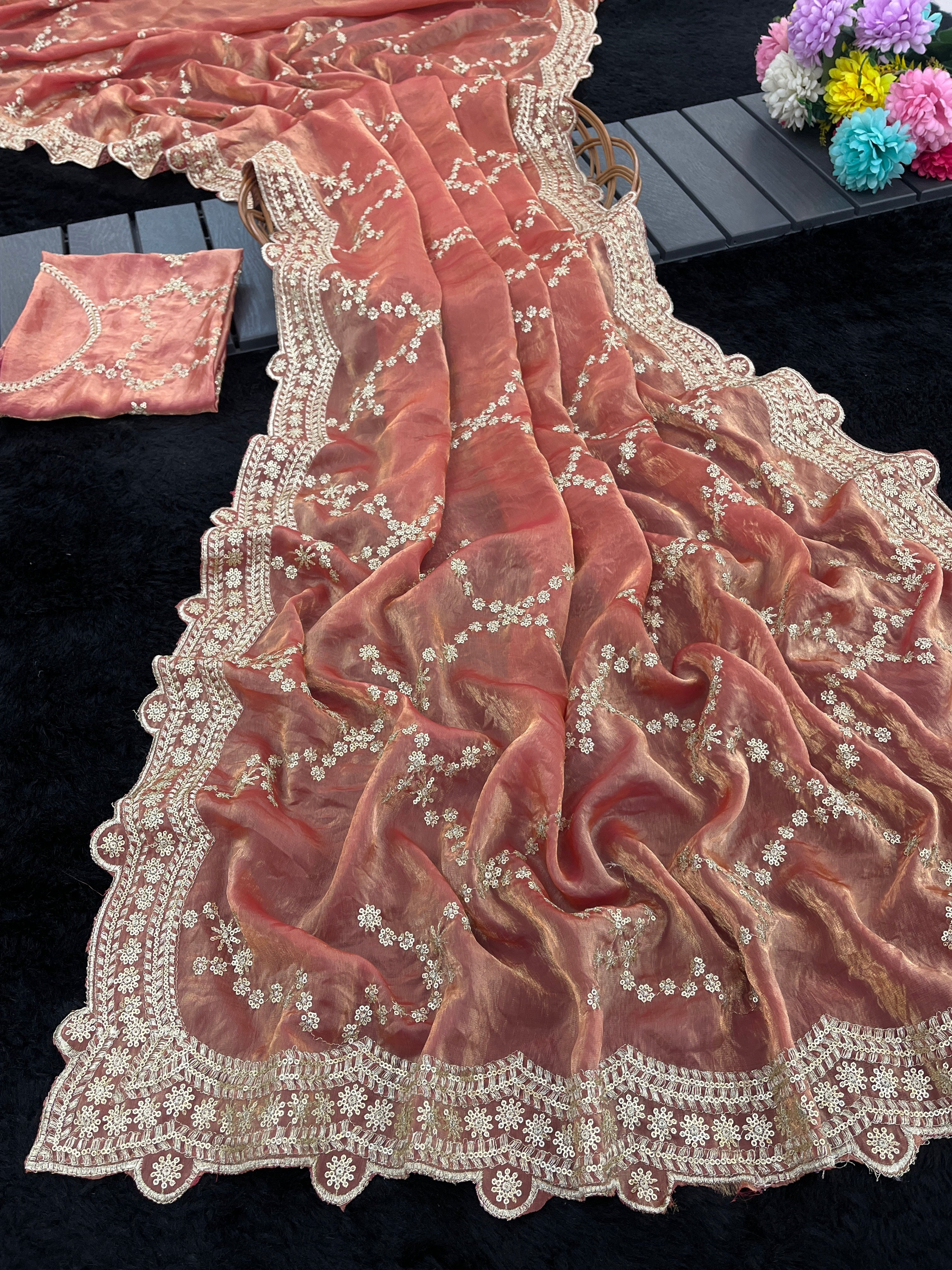 Premium Satin Silk & Chiffon Saree with All-Over Sequence Embroidery