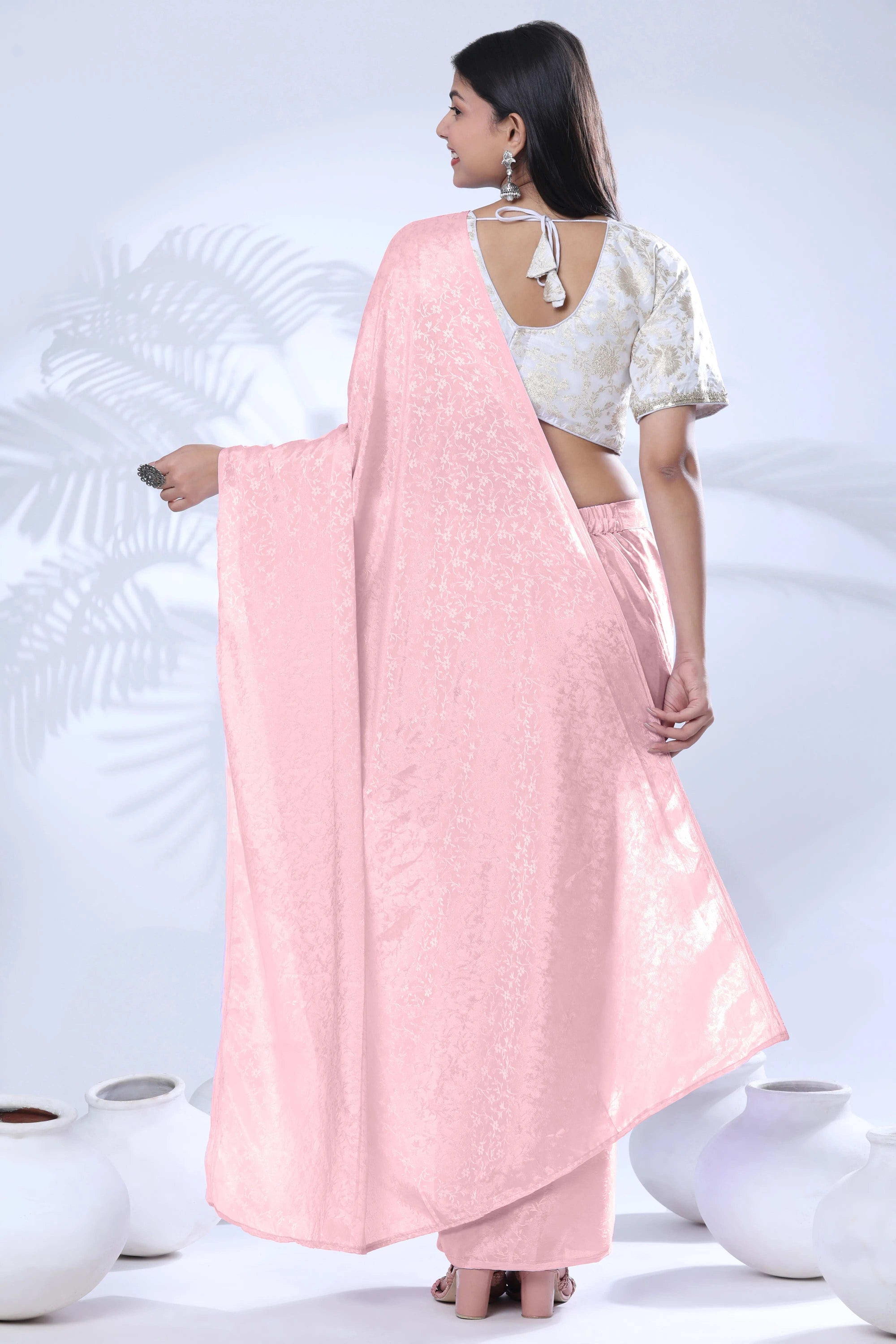 Ready To Wear Chiffon Pink Saree With Stitched Blouse