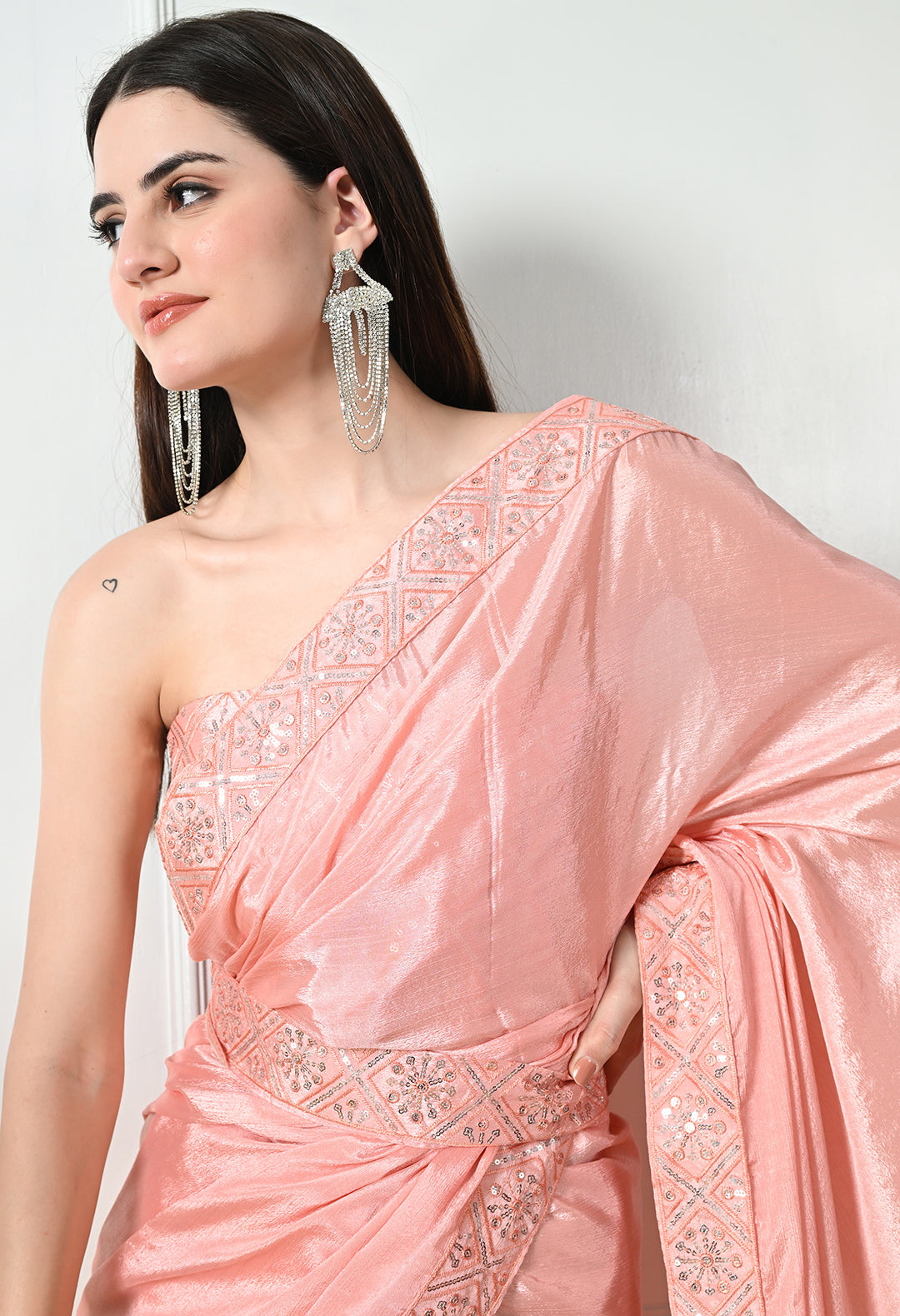 Chinon Solid Saree with Embroidered Lace Border