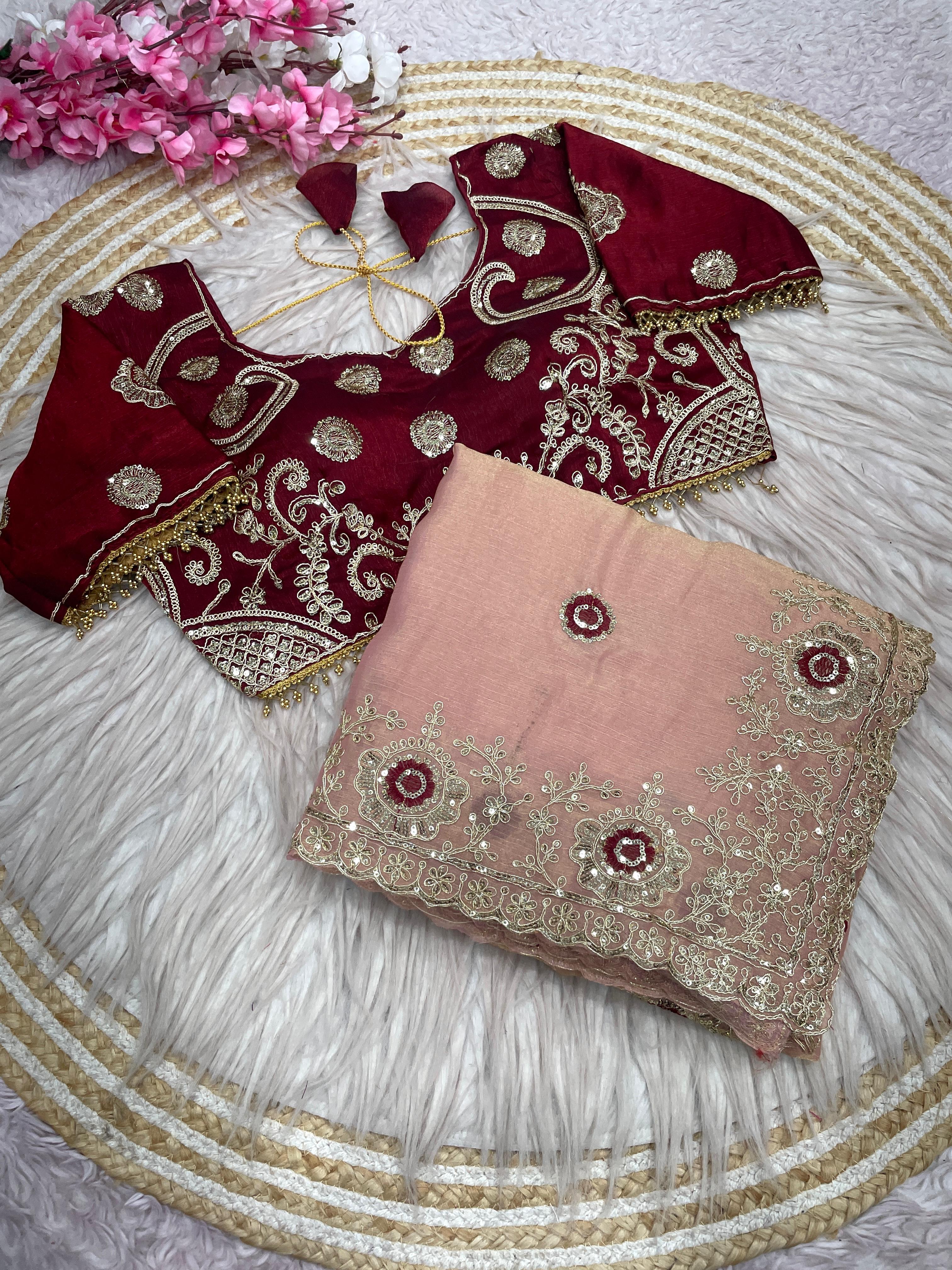 Fendy Chiffon Embroidered Saree with Sequins Work and Stitched Blouse