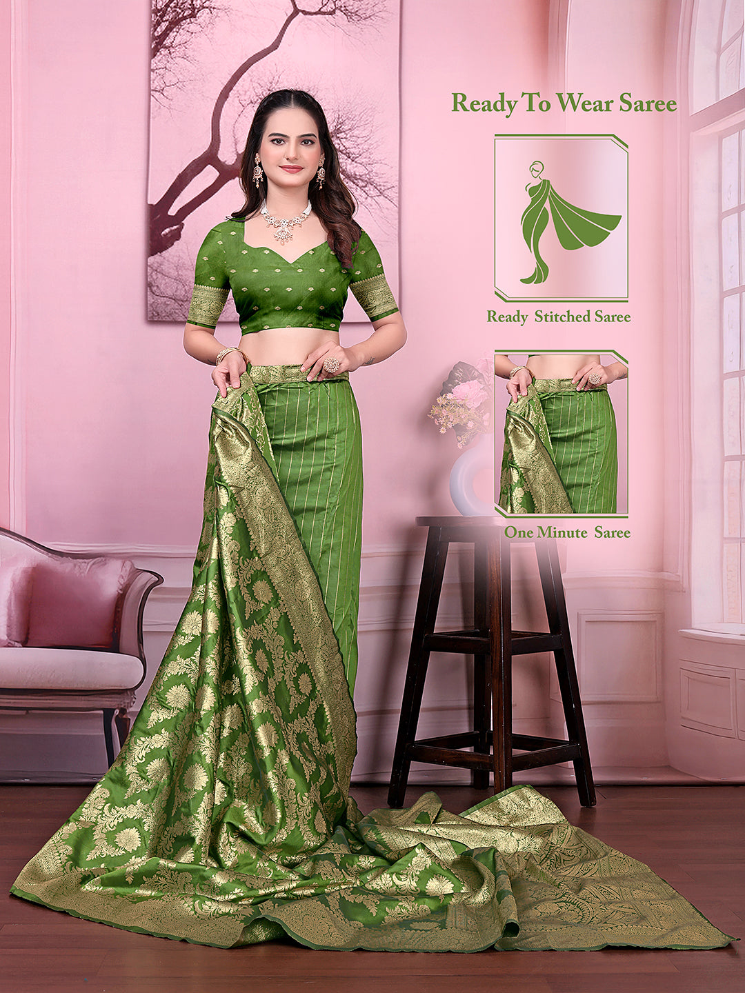 Ready to Wear Banarasi Jacquard Floral Print Party Saree with Unstitched Blouse
