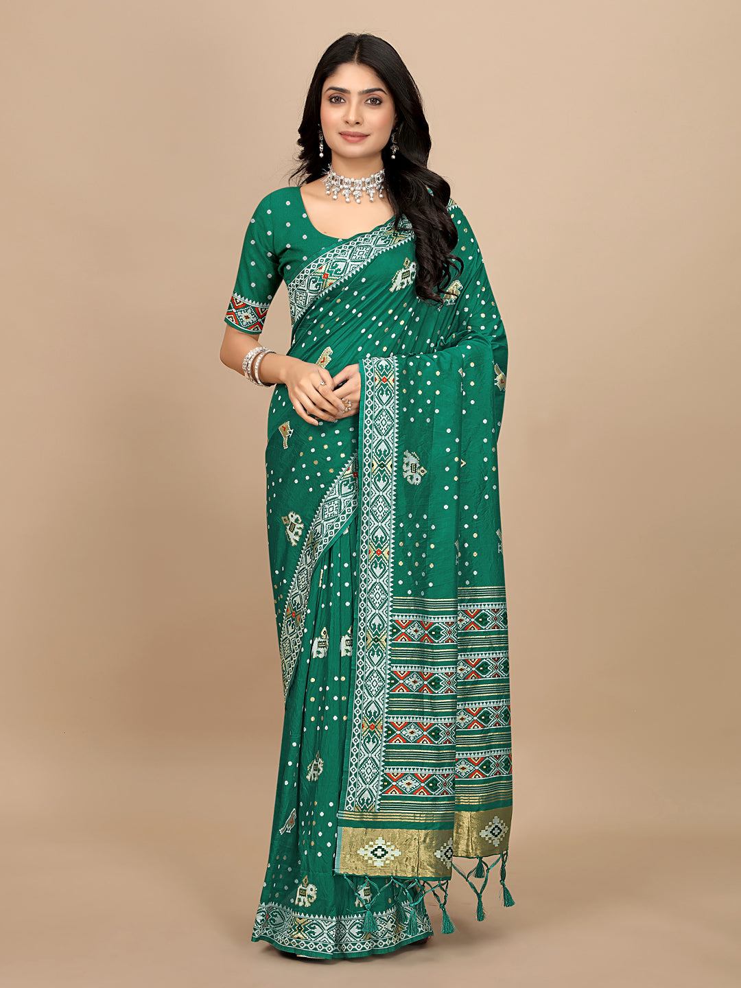 Patola Print Cotton Silk Saree with Tassel Border Pallu