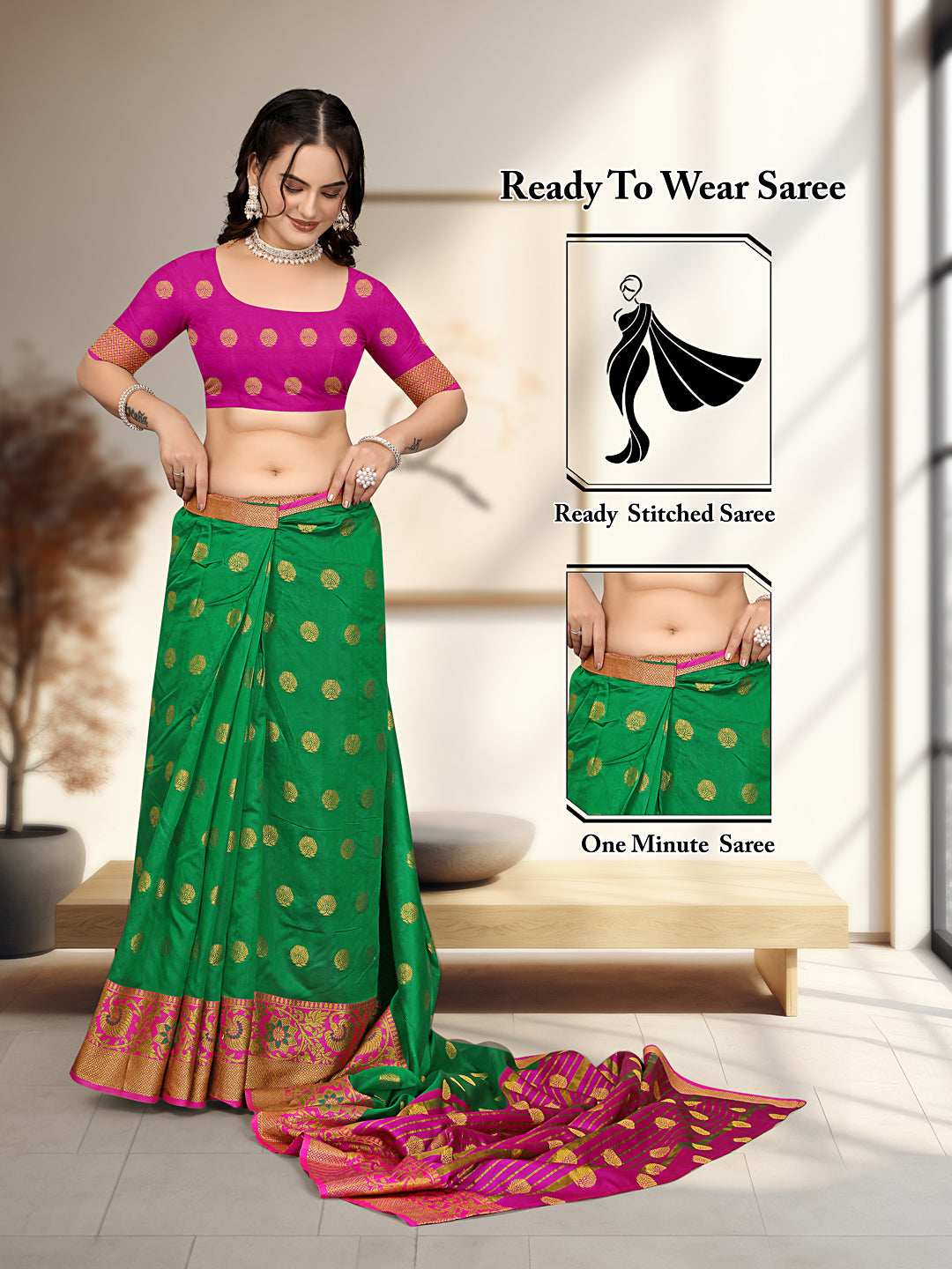 Ready To Wear Cotton Silk Woven Zari Jacquard Banarasi Traditional Saree