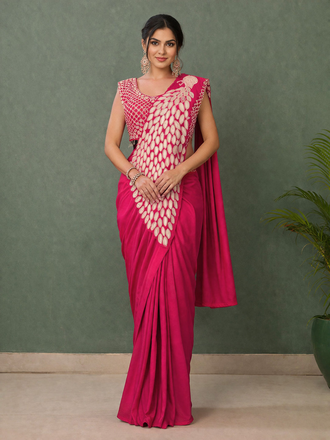 Ready to Wear Silk Crepe Saree with Heavy Embroidery Sequence Work Stitched Blouse