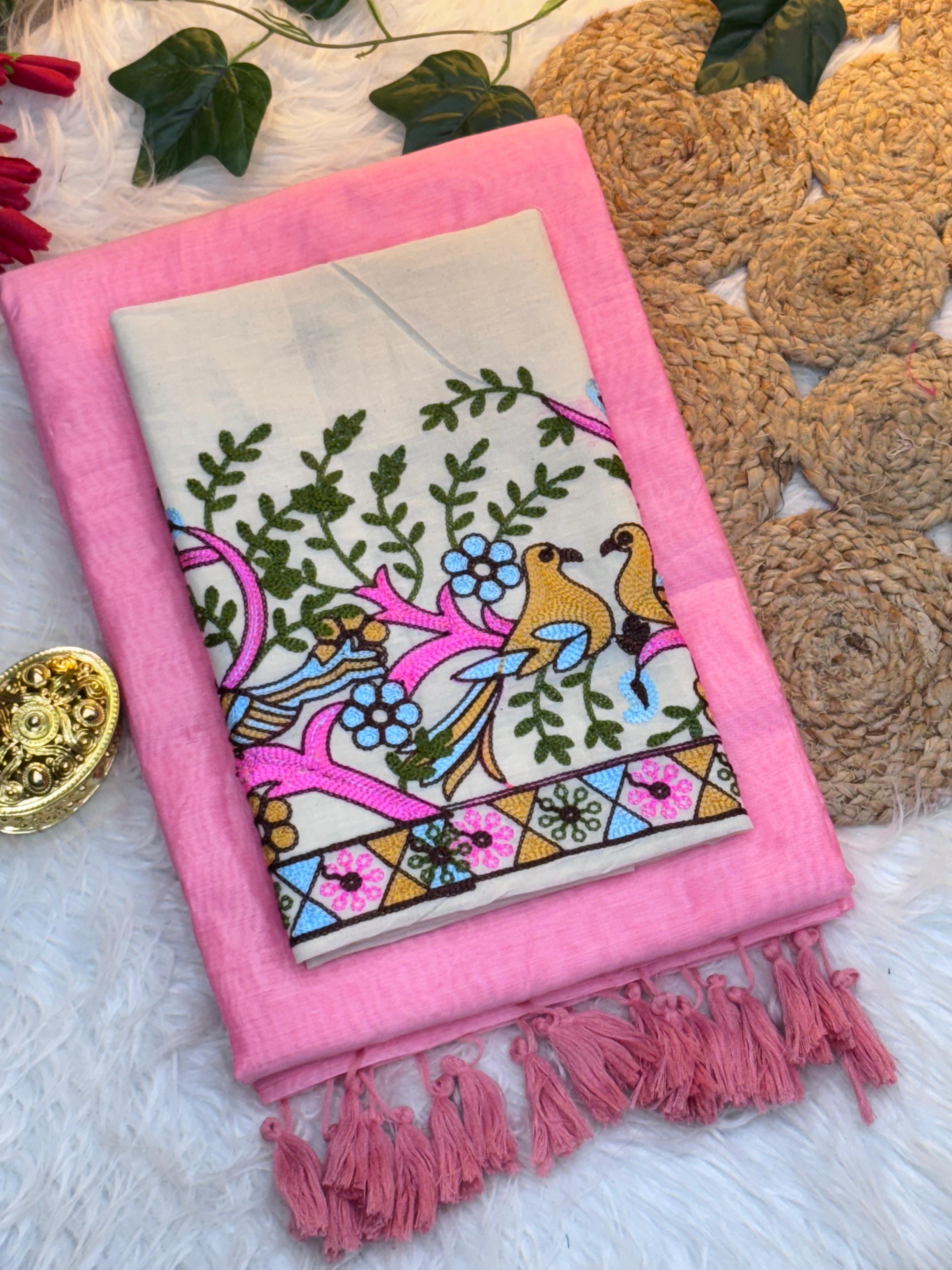 Vibrant Modal Chanderi Saree with Pom Pom Pallu & Traditional Gamthi Work Blouse