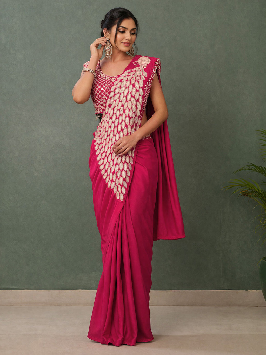 Ready to Wear Silk Crepe Saree with Heavy Embroidery Sequence Work Stitched Blouse