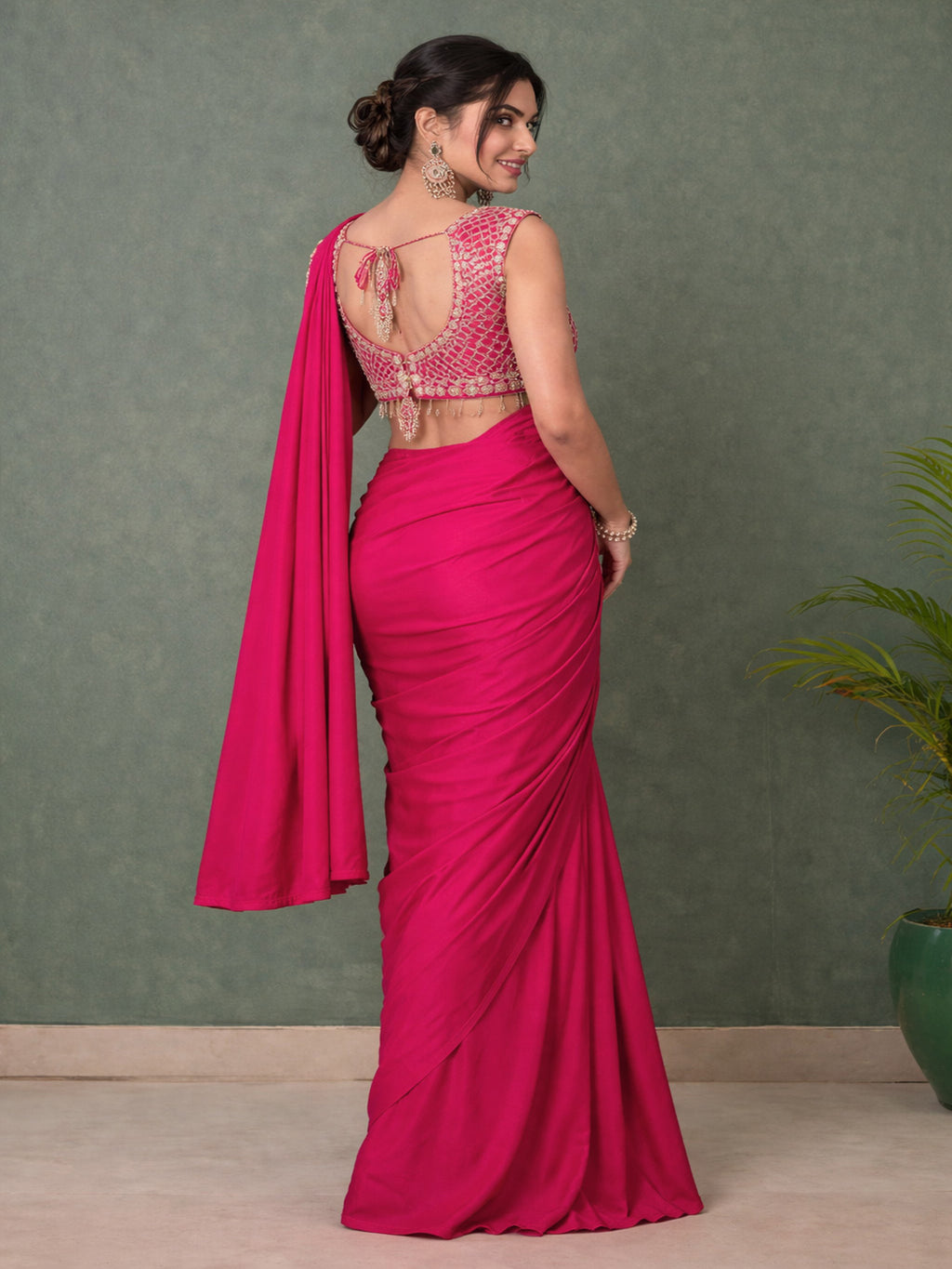 Ready to Wear Silk Crepe Saree with Heavy Embroidery Sequence Work Stitched Blouse