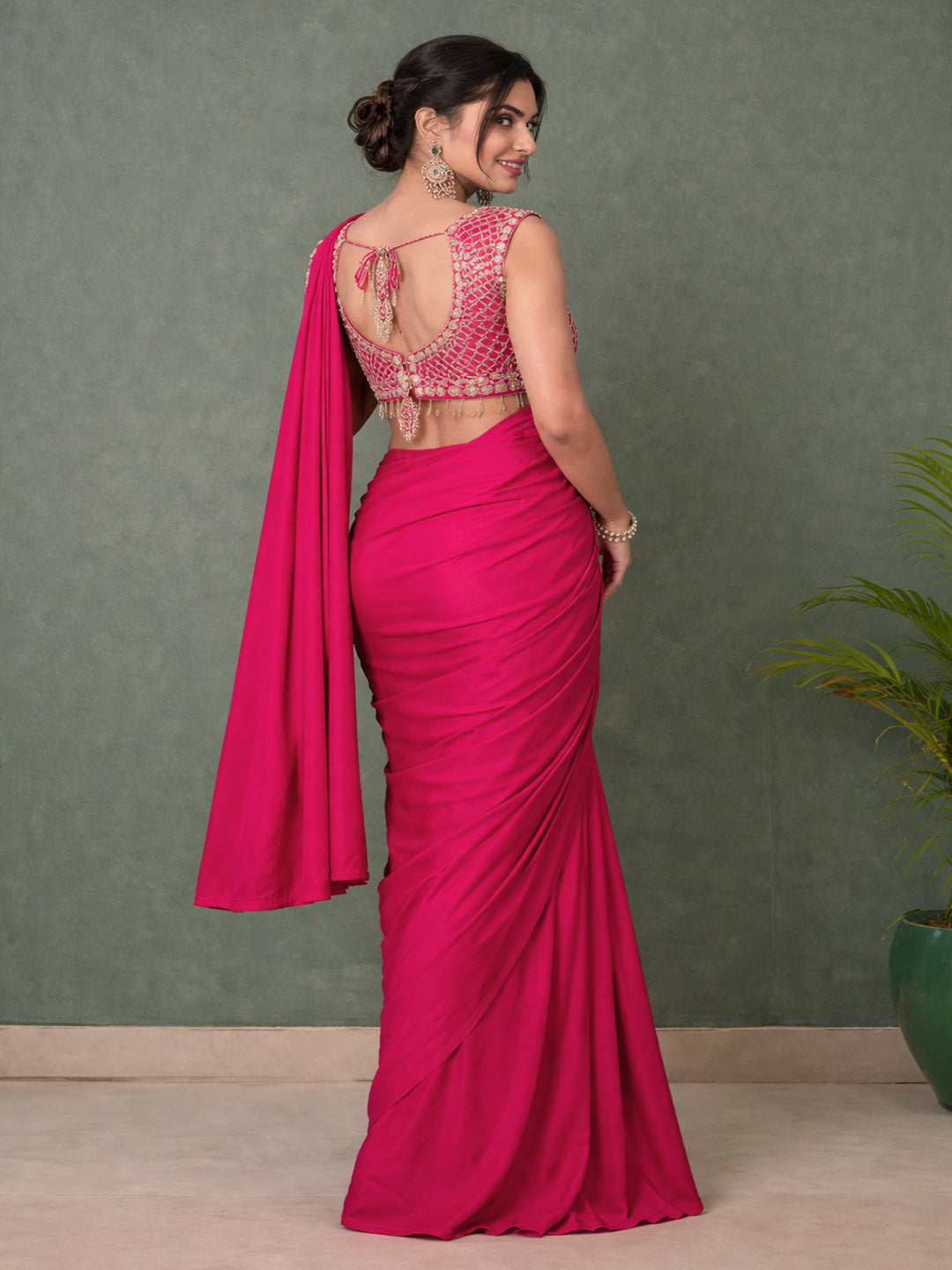 Ready to Wear Silk Crepe Saree with Heavy Embroidery Sequence Work Stitched Blouse