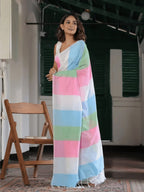 Multicolor Striped Cotton Linen Printed Saree