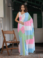 Multicolor Striped Cotton Linen Printed Saree