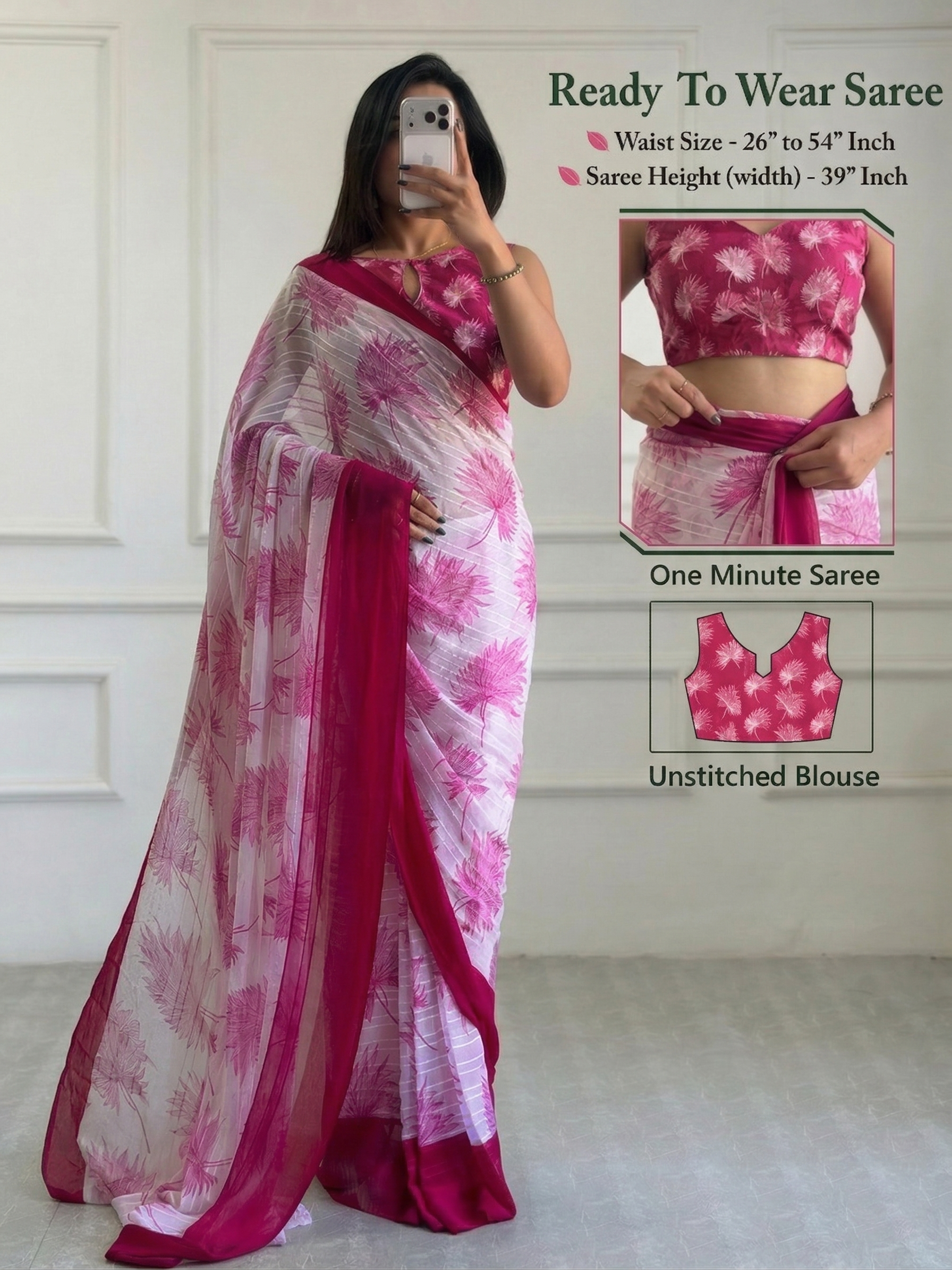 1-Mintue Ready To Wear Chiffon Printed Saree