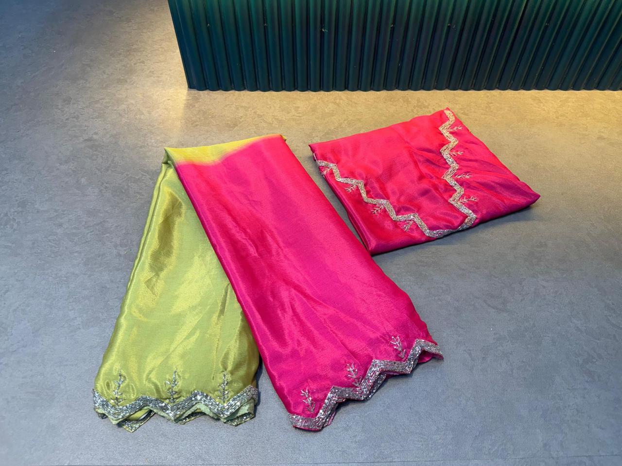 Soft Chinon Saree with Rich Black Cut Dana Handwork Border