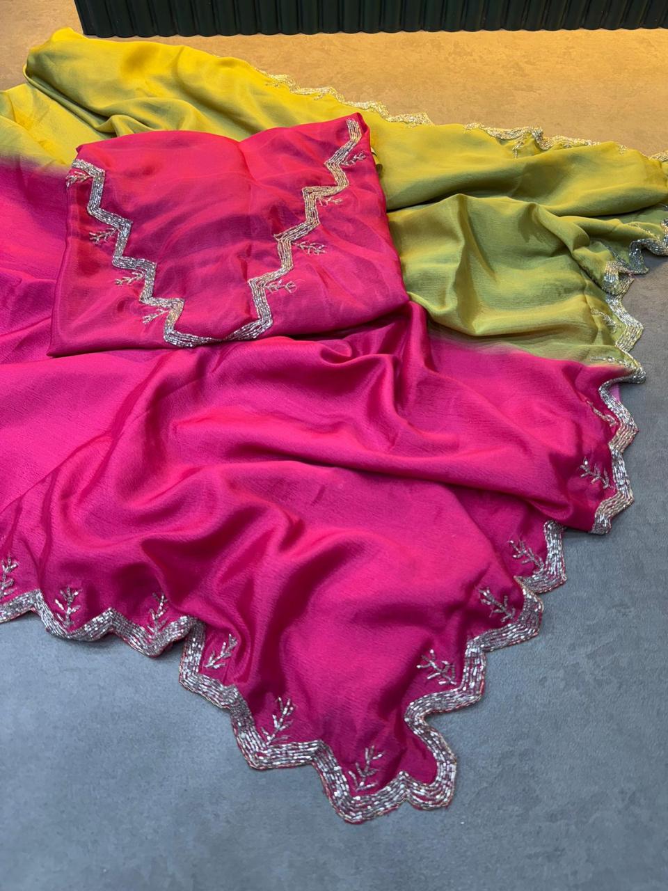 Soft Chinon Saree with Rich Black Cut Dana Handwork Border