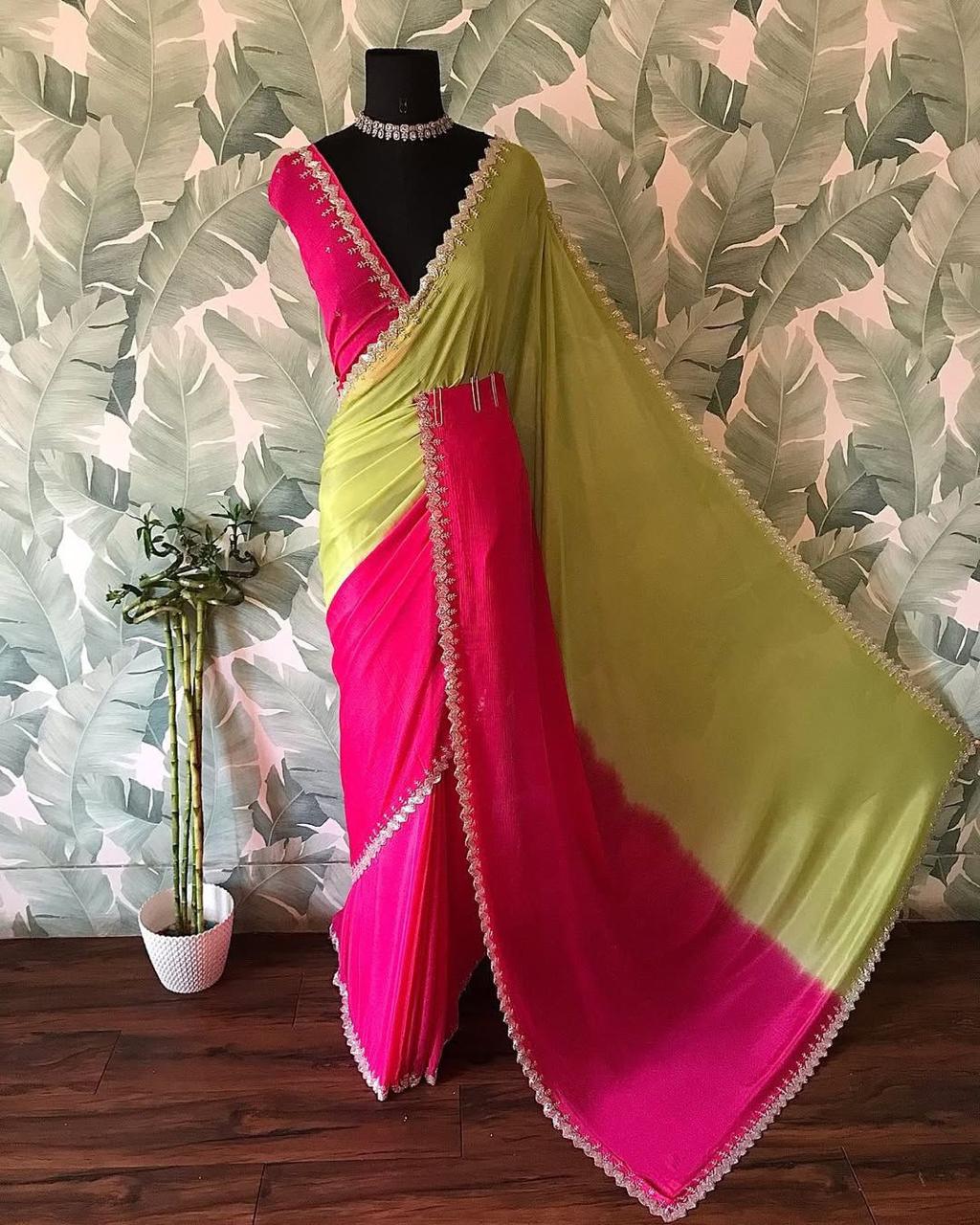 Soft Chinon Saree with Rich Black Cut Dana Handwork Border