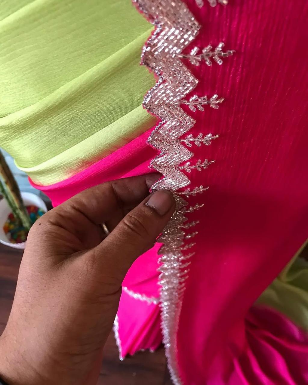 Soft Chinon Saree with Rich Black Cut Dana Handwork Border