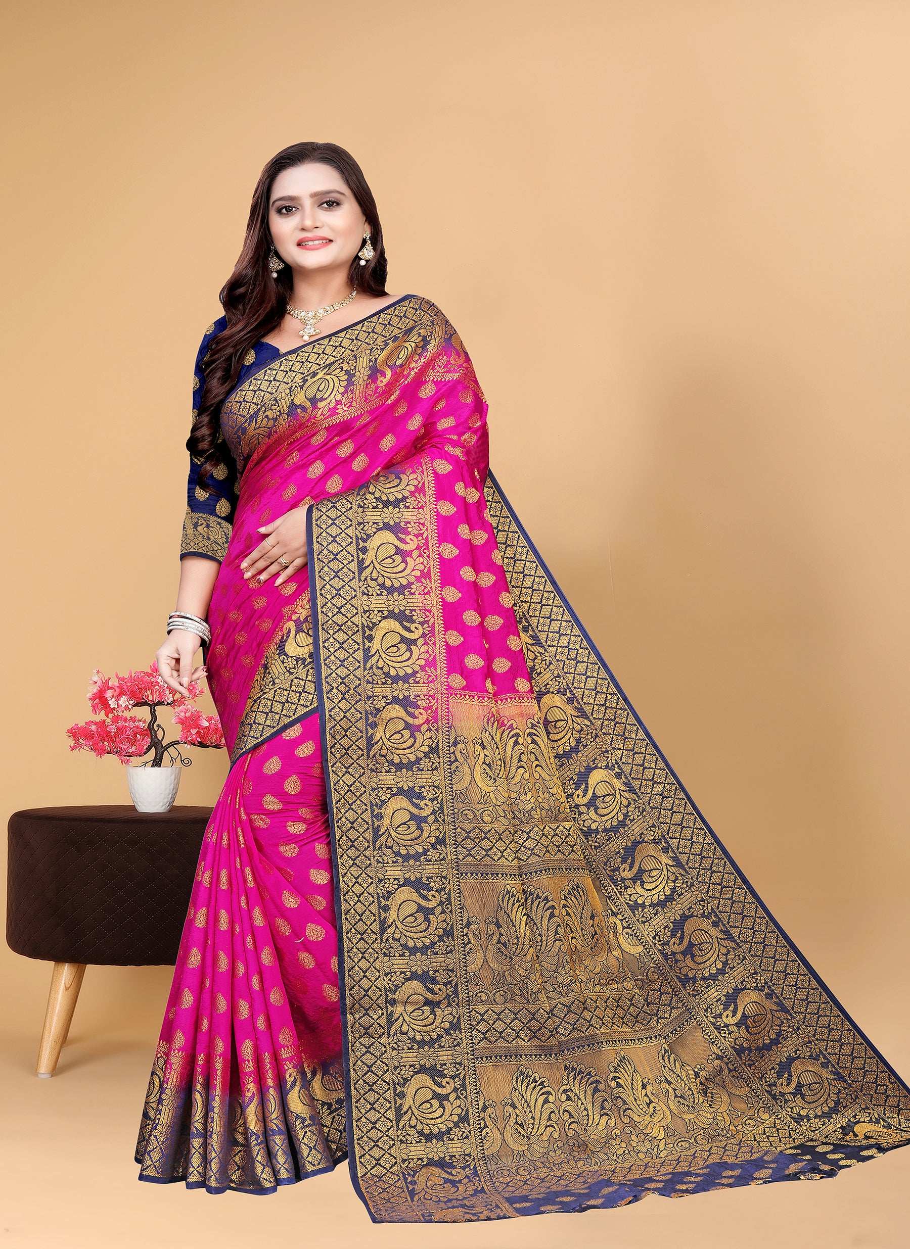 Pionex Woven Kanjivaram Banarasi Jacquard Nylon Silk Sarees