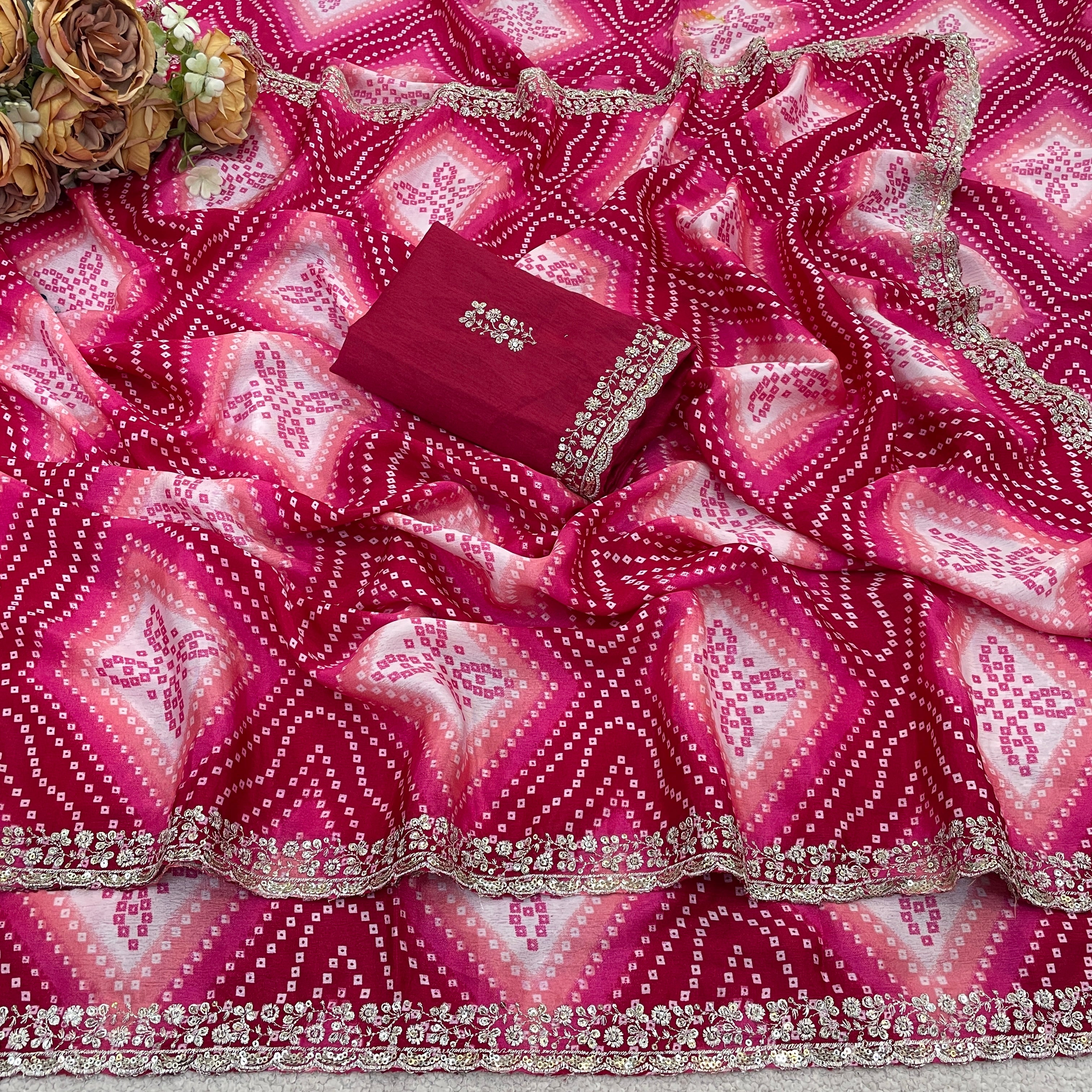 Bandhani Printed Chiffon Saree with Embroidered Border