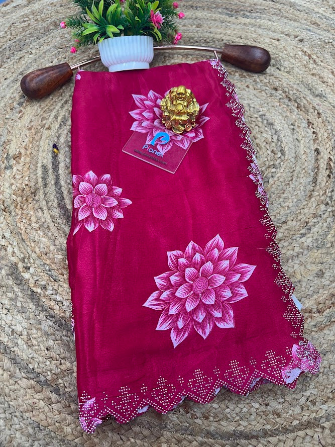 Printed Chinon Saree with Sparkling Siroksi Diamond Work Border
