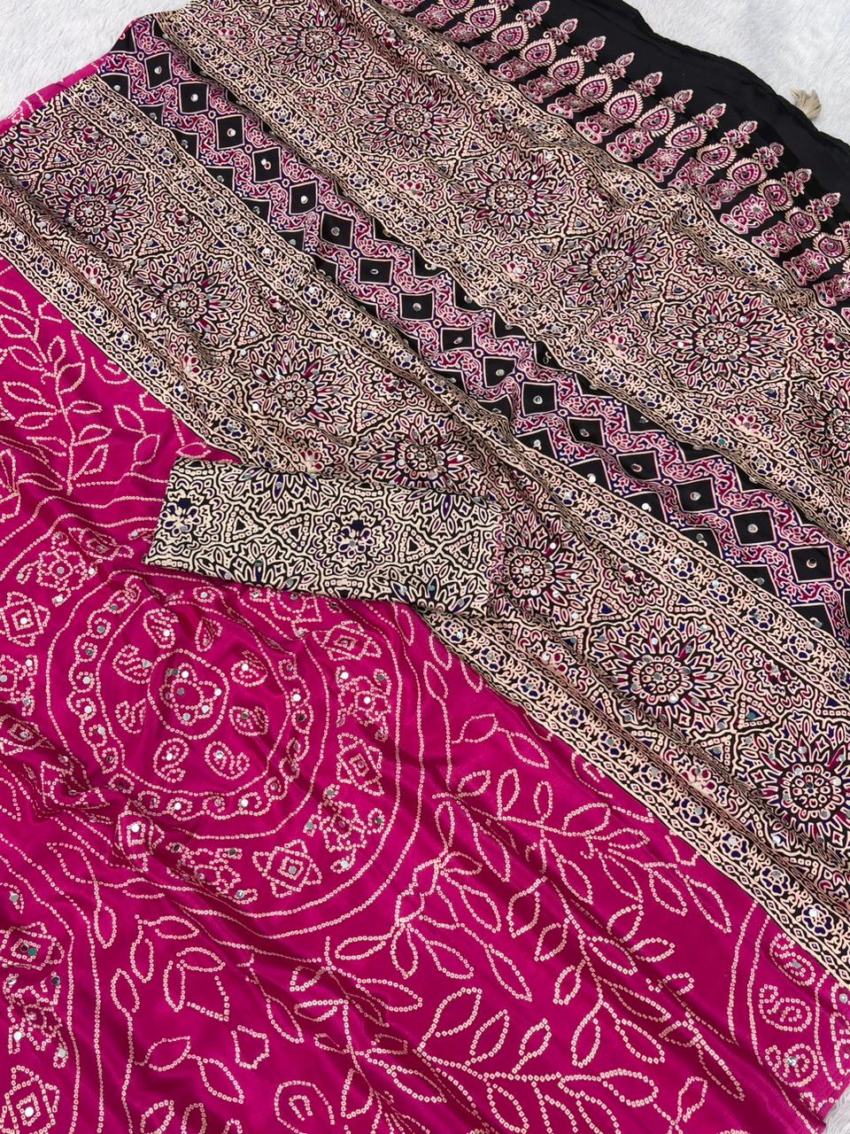Soft Satin Ajrakh Printed Mirror Work Saree with Lace Border