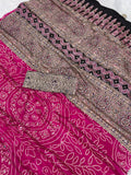 Soft Satin Ajrakh Printed Mirror Work Saree with Lace Border - Pionex Fab