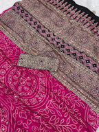 Soft Satin Ajrakh Printed Mirror Work Saree with Lace Border