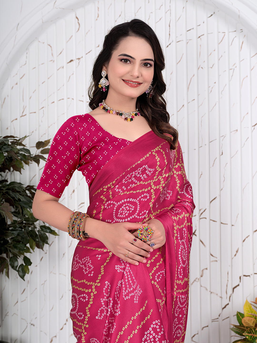 Bandhani Printed Satin Silk Saree for Party Look