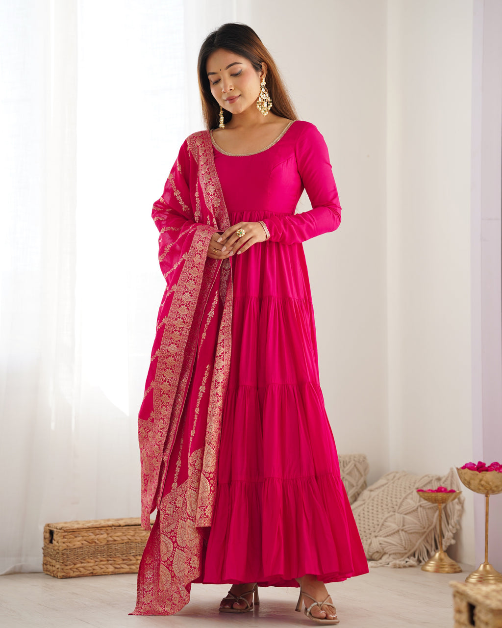 Roman Silk Chanderi Fully Flared Anarkali Suit Set