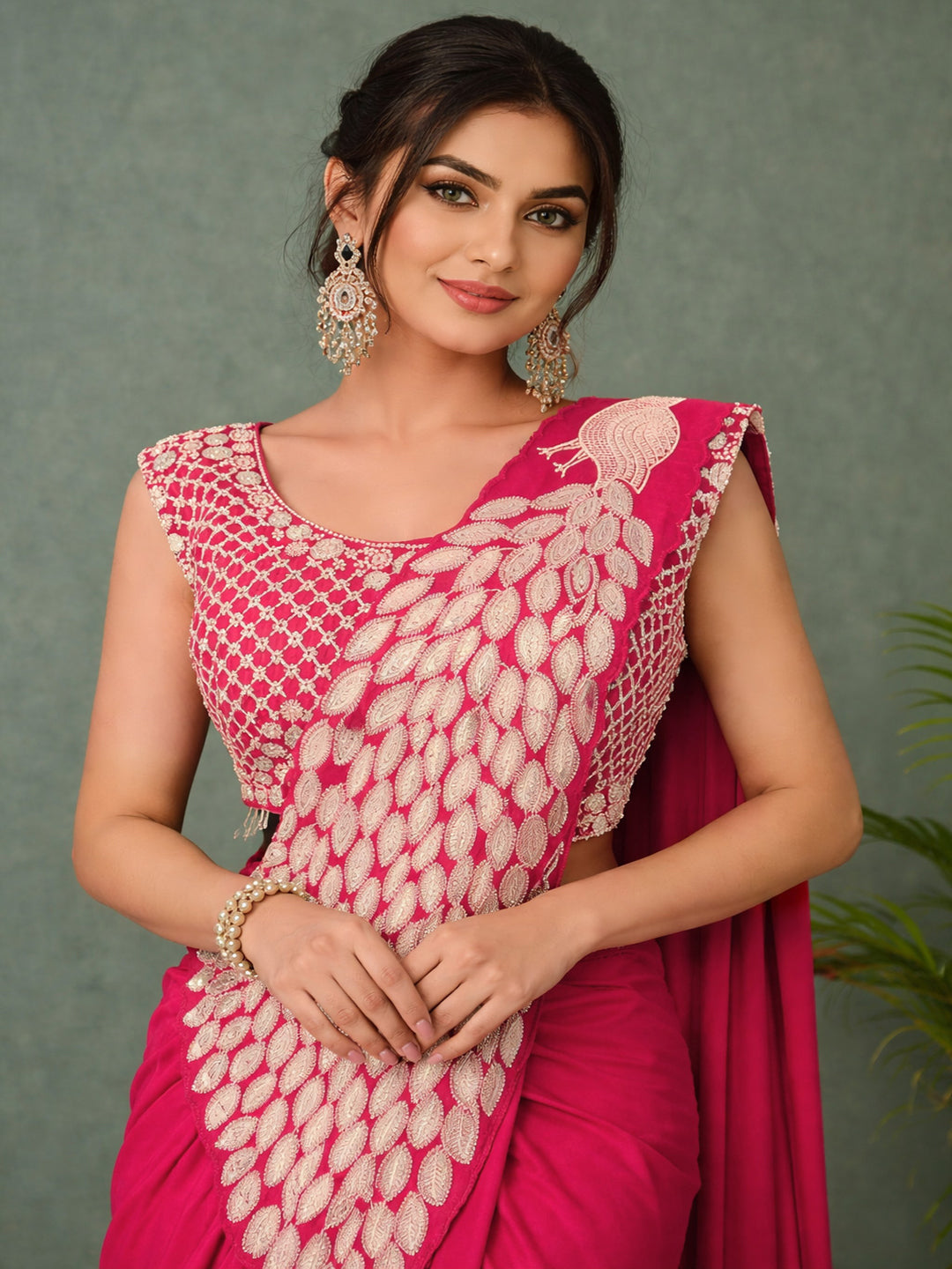 Ready to Wear Silk Crepe Saree with Heavy Embroidery Sequence Work Stitched Blouse