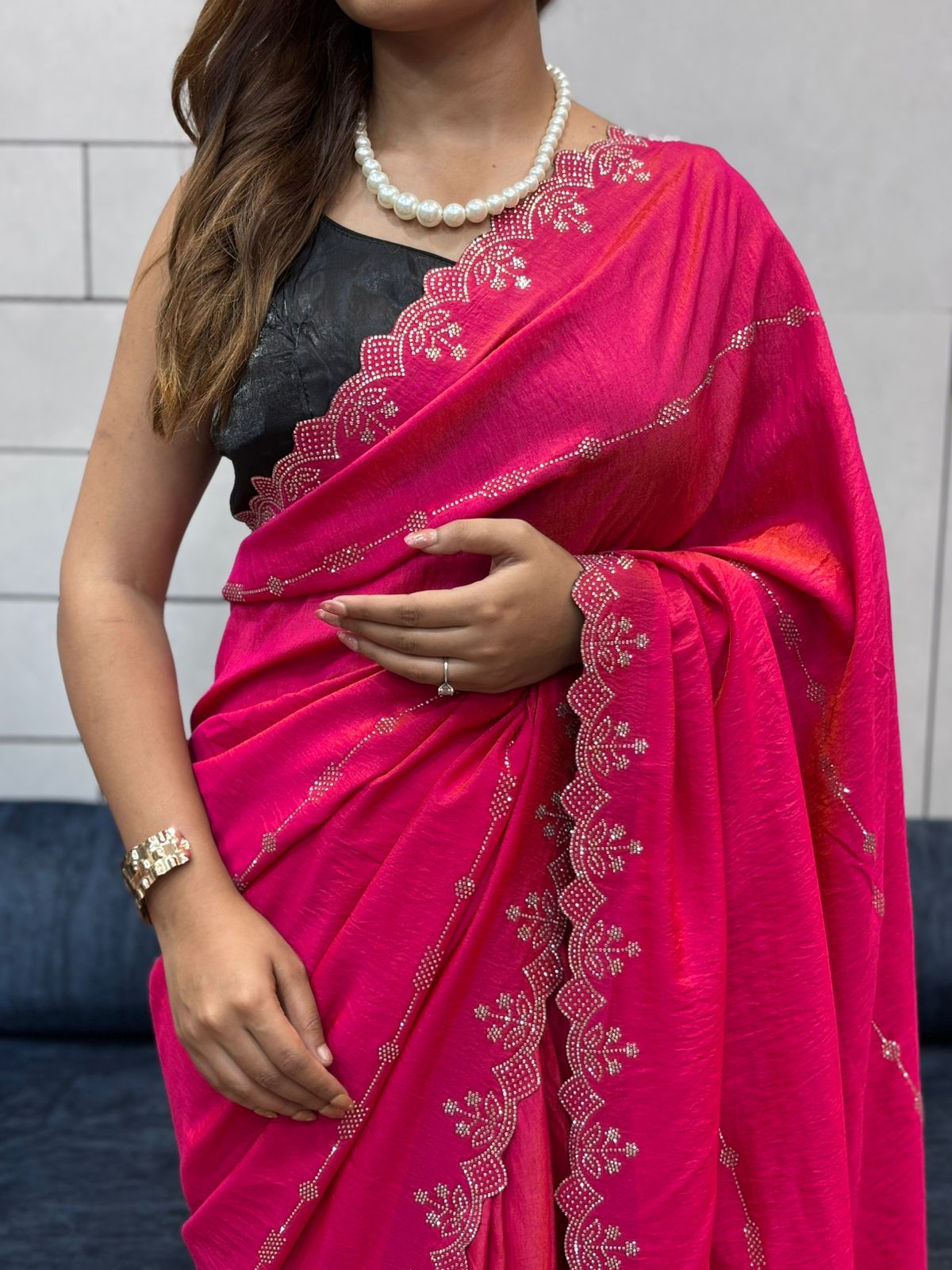 Two-Tone Chocolate Saree with Diamond Panel Handwork and All-Over Cutwork