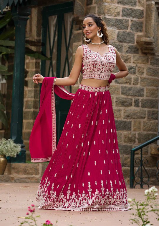 Georgette Semi-Stitched Lehenga with Thread Work & Embroidered Dupatta Set