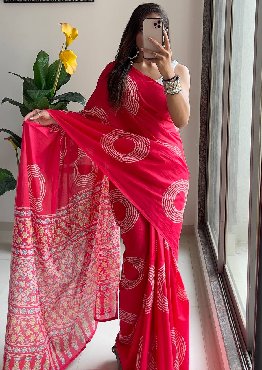 Ajrakh Bandhej Printed Mulmul Cotton Saree for Woman