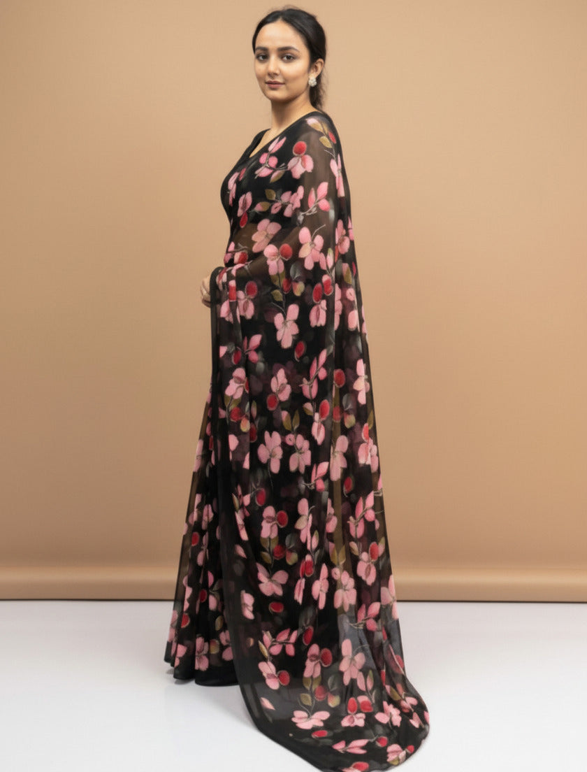 Vibrant Floral Print Georgette Ready to Wear Saree