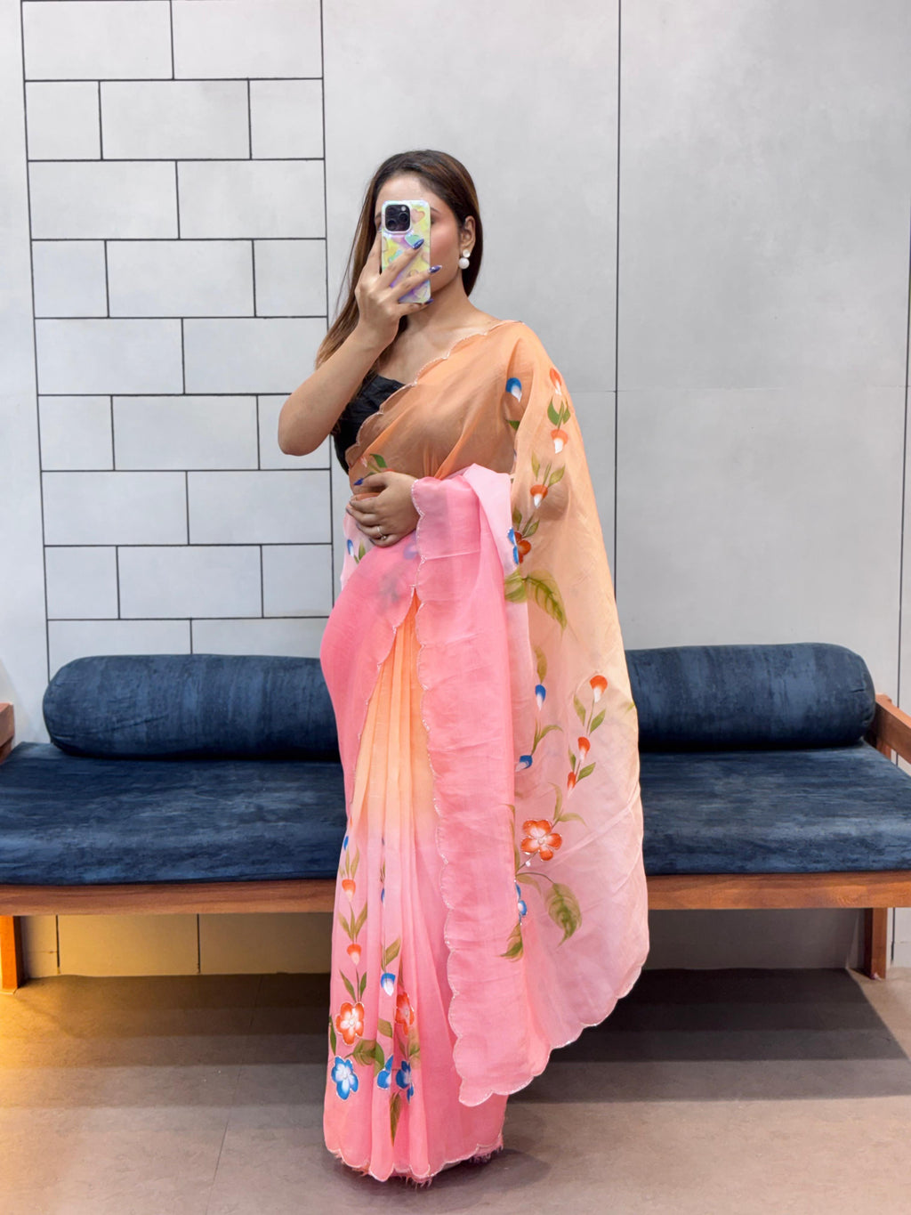 Exquisite Handpainted Crush Saree with Cut Dana Handwork & Designer Blouse