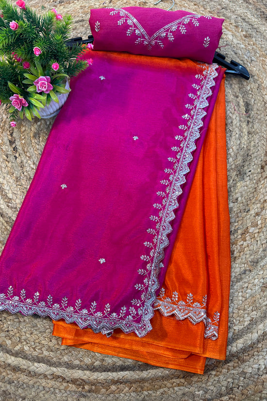 Chinon Embroidered Saree with Shaded Solid Color Design